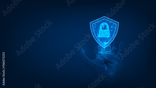 Security system lock shield in hand polygon shape. Internet privacy protection or cyber protection or antivirus. Techniligy futulistic background.