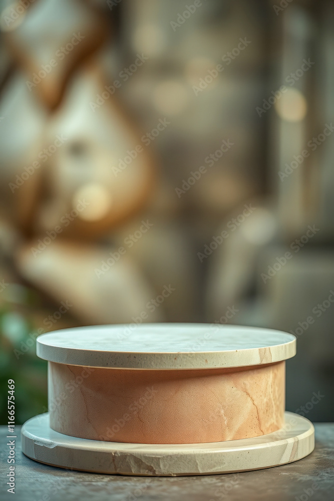 two-tiered round display stand on gray surface two-tiered round display stand on gray surface