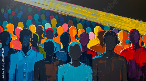 abstract painting a multitude colorful faceless figures