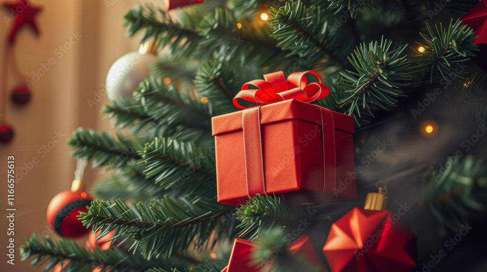 red gift box on a decorated evergreen tree red gift box on a decorated evergreen tree