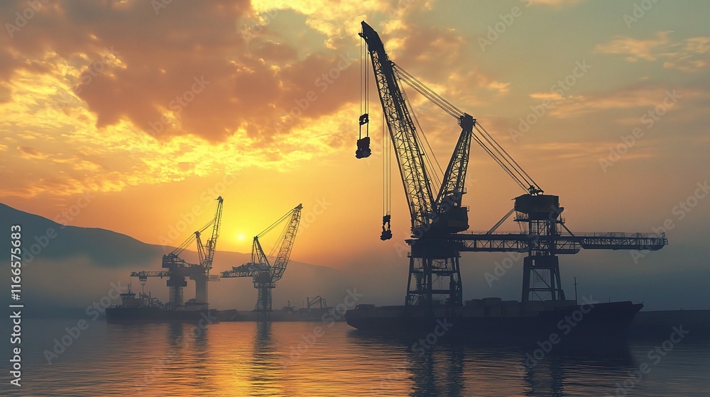 Obraz premium Large Metal Cranes at Sunset Lifting Materials Over Water