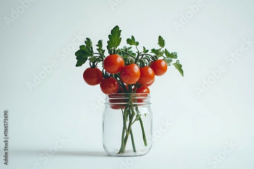 Cherry tomatoes in a glass vase on a white background