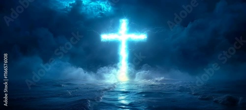 Glowing thunder lighting blue energy on Jesus Cross symbol on dark foggy background. Religion faith worship spirituality concept. Generative video AI technology.	
