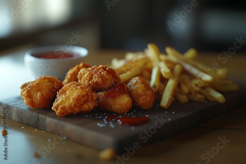 Chicken nuggets with french fries and ketchup on a wooden board