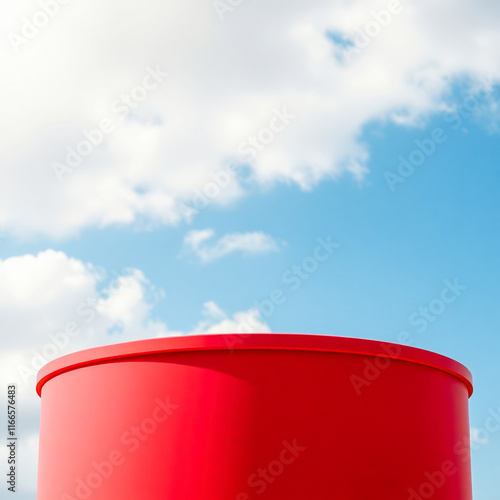 vivid red cylinder against a blue sky