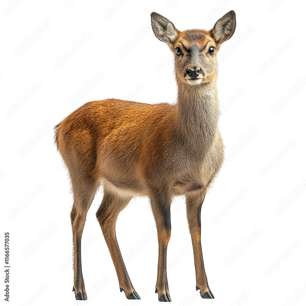 A standing deer with a curious expression against a plain background. A standing deer with a curious expression against a plain background.