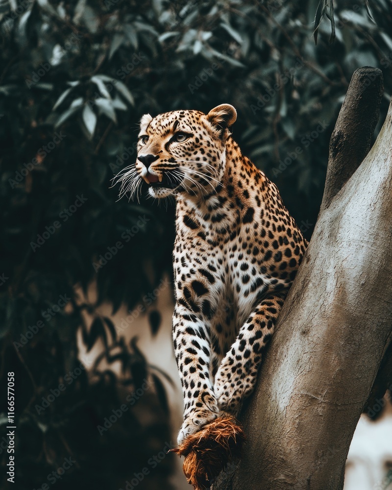 A leopard perched on a tree branch, showcasing its striking coat and serene demeanor. A leopard perched on a tree branch, showcasing its striking coat and serene demeanor.