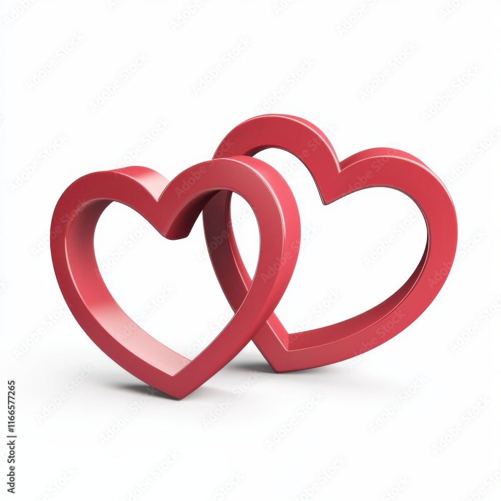 Two interlocking red hearts symbolizing love and connection, designed in a 3D style, perfect for romantic themes and celebrations. Two interlocking red hearts symbolizing love and connection, designed in a 3D style, perfect for romantic themes and celebrations.