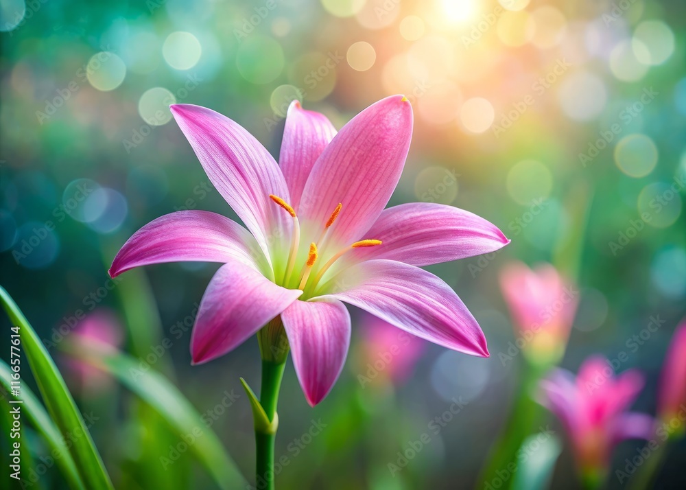 Fototapeta premium Pink Rain Lily Zephyranthes Liliifolia Flower Blooming Closeup, Copy Space Right