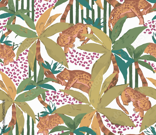 Seamless Pattern Tropical Jungle Exotic Animals in Tropics Plants and Palms Prints. Hand Drawn Illustration. Tiger and Leopard in Rainforest Isolated on white background.