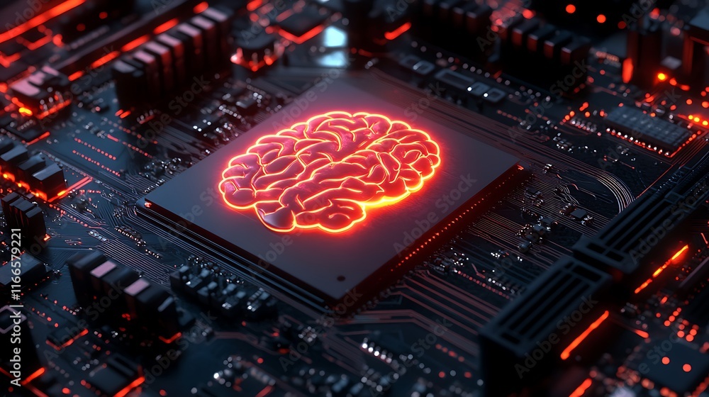 Glowing brain symbol on a circuit board. Glowing brain symbol on a circuit board.