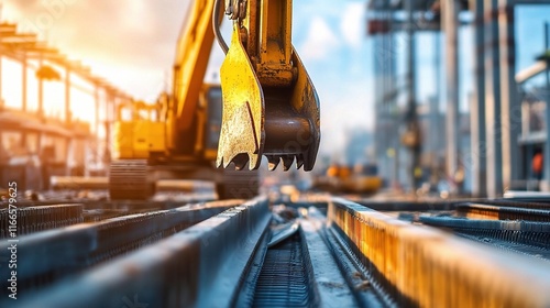 Heavy Machinery at Construction Site with Steel Beams in Background photo