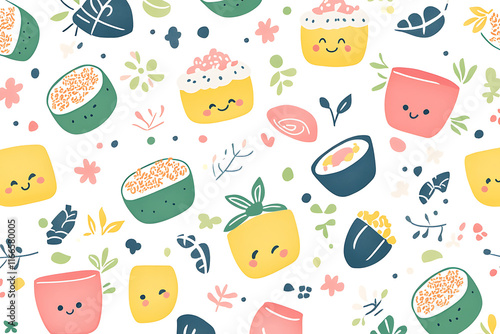 A playful pattern featuring cute sushi and desserts with cheerful faces and floral elements.