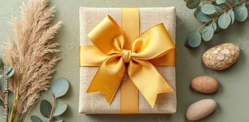 beige gift box with golden ribbon natural accents photo