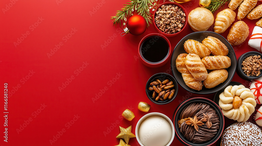 festive arrangement of assorted pastries and snacks for holiday season, featuring various shapes and textures on vibrant red background festive arrangement of assorted pastries and snacks for holiday season, featuring various shapes and textures on vibrant red background