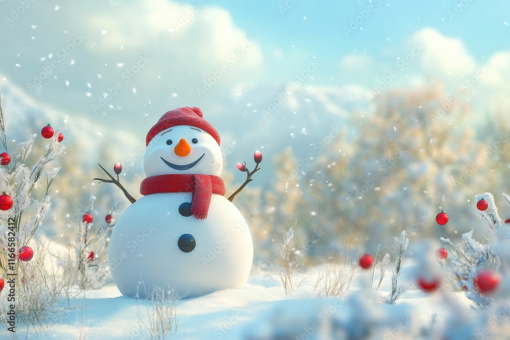 Panoramic View of a Happy Snowman in Winter Wonderland for Holiday Cheer Panoramic View of a Happy Snowman in Winter Wonderland for Holiday Cheer
