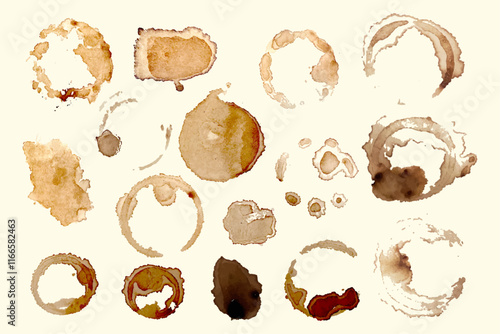 Set of isolated grunge coffee splash paint, coffee cup ring, vintage coffee art