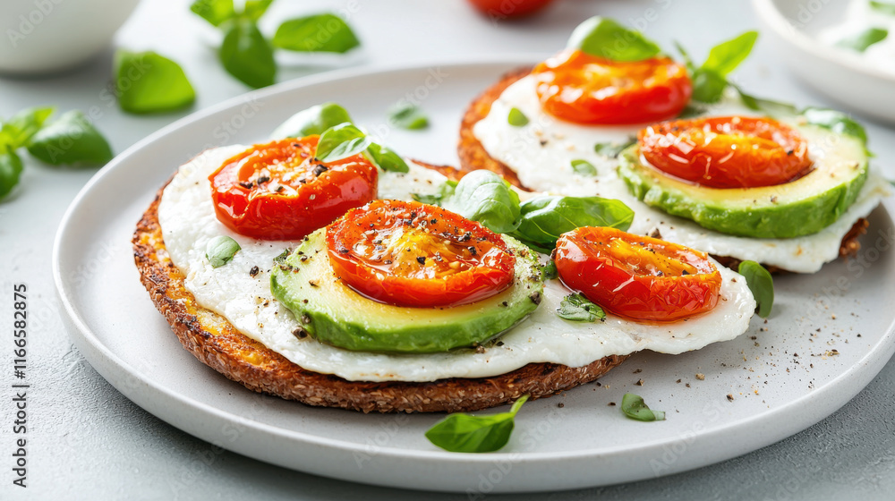 Delicious plant based breakfast featuring toasted bread topped with creamy avocado, roasted tomatoes, and fresh basil. healthy and vibrant meal option for any time of day Delicious plant based breakfast featuring toasted bread topped with creamy avocado, roasted tomatoes, and fresh basil. healthy and vibrant meal option for any time of day