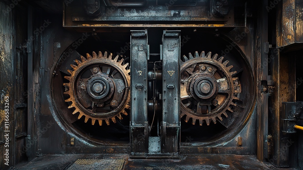Interlocked Large Gears in Dark Industrial Environment Interlocked Large Gears in Dark Industrial Environment