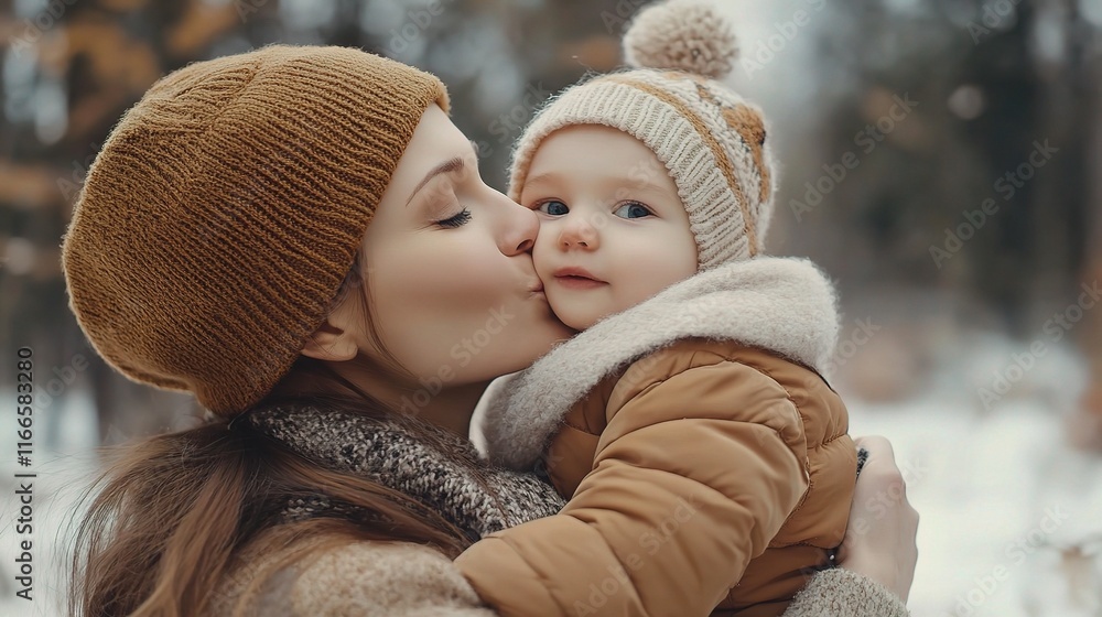 Obraz premium Heartwarming Family Kiss Between Mother and Child in Winter Scene