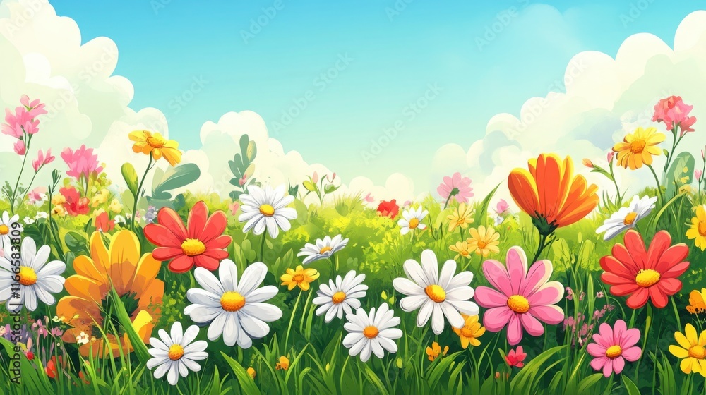 A stunning green meadow in spring with colorful flowers, fresh grass, and daisies under the bright sun A stunning green meadow in spring with colorful flowers, fresh grass, and daisies under the bright sun