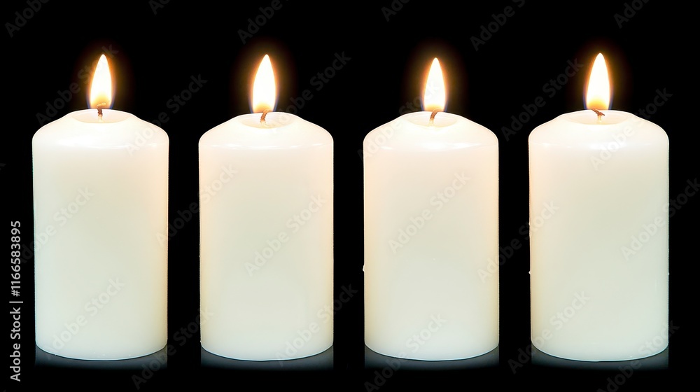 Four Lit Cream Colored Pillar Candles on Black Background Romantic Peaceful Atmosphere Four Lit Cream Colored Pillar Candles on Black Background Romantic Peaceful Atmosphere