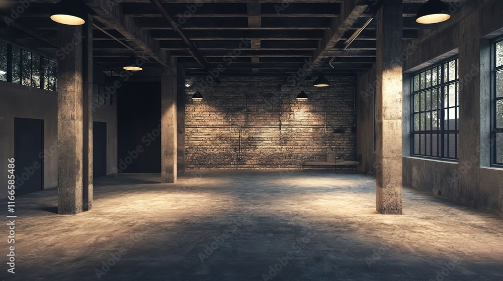 Industrial Loft Interior: A spacious, raw industrial interior with exposed brick walls, concrete flooring, and large windows, illuminated by hanging pendant lights. Industrial Loft Interior: A spacious, raw industrial interior with exposed brick walls, concrete flooring, and large windows, illuminated by hanging pendant lights.