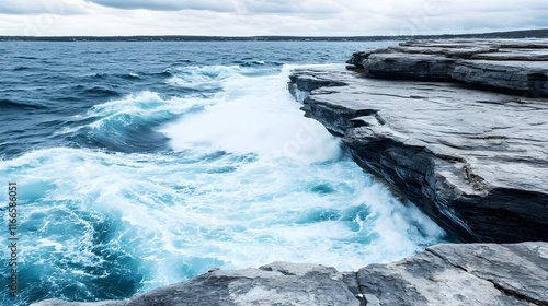 Wallpaper Mural Dramatic ocean waves crashing against rugged coastal cliffs.  Powerful turquoise water surging and foaming. Torontodigital.ca