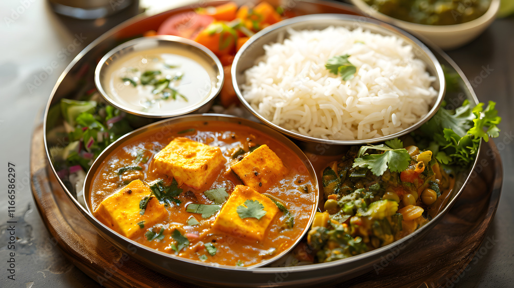 Indian Lunch Dinner main course food in group includes Paneer Butter Masala, Dal Makhani, Palak Paneer, Roti, Rice etc, Selective focus Indian Lunch Dinner main course food in group includes Paneer Butter Masala, Dal Makhani, Palak Paneer, Roti, Rice etc, Selective focus