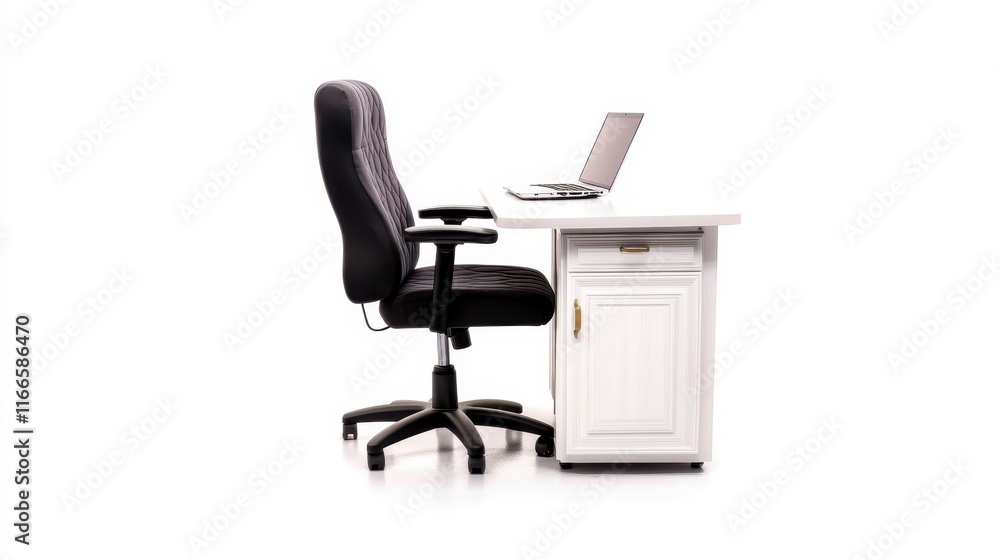 Modern White Desk with Black Ergonomic Office Chair and Laptop Home Workspace Setup Modern White Desk with Black Ergonomic Office Chair and Laptop Home Workspace Setup