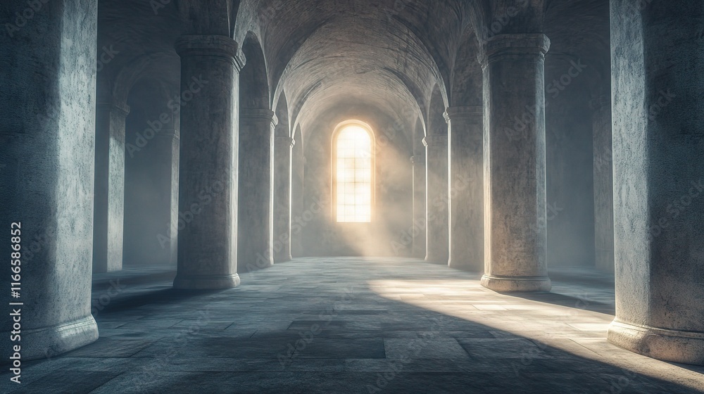 Fototapeta premium Huge Empty Hall with Columns and Soft Light Streaming Through Window