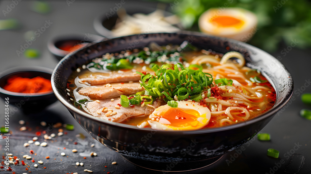 Japanese soup ramen in bowl on dark background. Commercial promotional food photo Japanese soup ramen in bowl on dark background. Commercial promotional food photo
