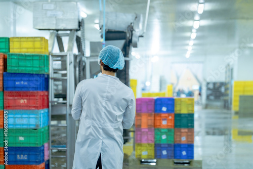 Fotografija A factory worker wearing protective gear, organizing colorful storage crates in a clean and modern industrial facility, showcasing efficiency, cleanliness, and organization in industrial operations
