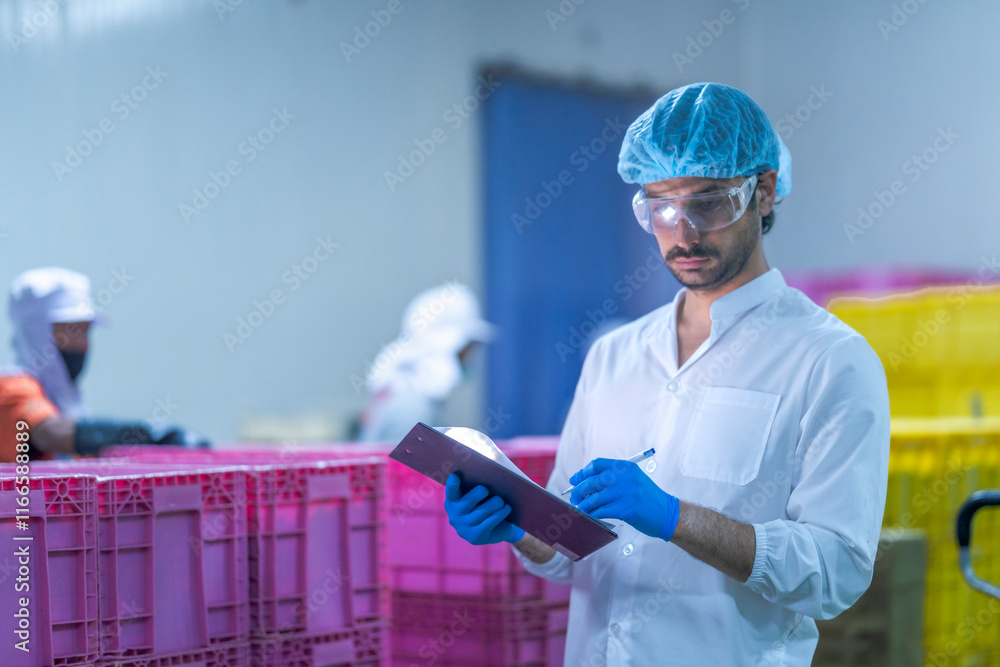 A laboratory worker in protective gear, including gloves and a hair cover, inspecting a sample in a modern facility fish can with pink storage crates, highlighting quality control and precision. A laboratory worker in protective gear, including gloves and a hair cover, inspecting a sample in a modern facility fish can with pink storage crates, highlighting quality control and precision.