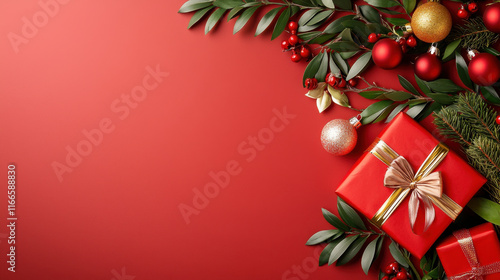 Wallpaper Mural Festive Christmas decorations with red gifts, ornaments, and greenery create joyful holiday atmosphere. Perfect for seasonal celebrations and festive events Torontodigital.ca