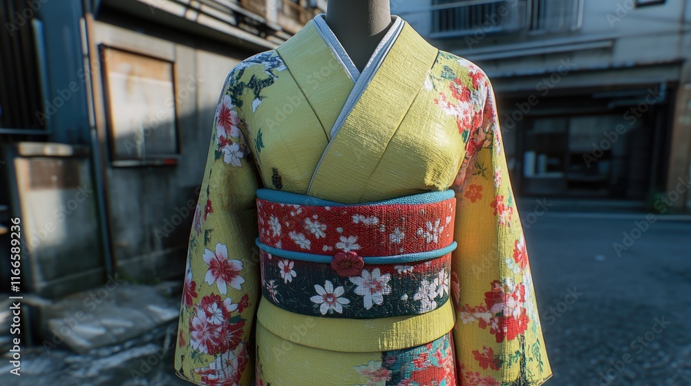 Naklejka premium A vibrant yellow kimono adorned with floral patterns, displayed on a mannequin outdoors.