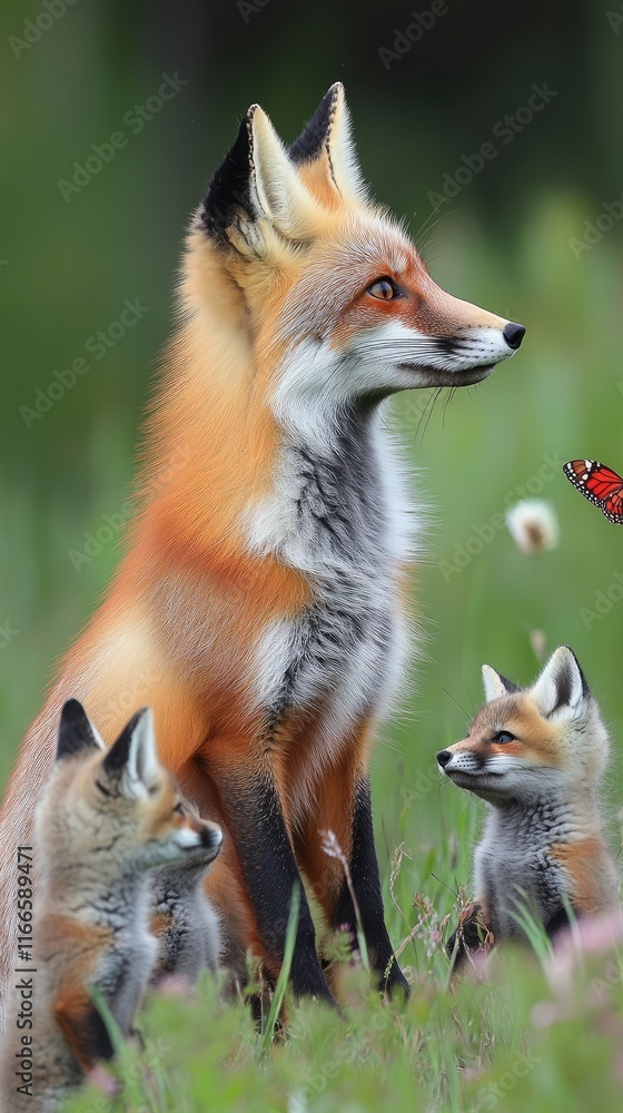 Obraz premium A serene scene featuring a red fox and its kits in a lush green environment with a butterfly.