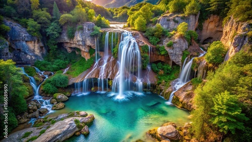 Aerial View Muted Waterfall Greece, Delicate Cascade, Drone Photography, Stunning Nature, Peaceful Landscape, Greek Island Waterfall