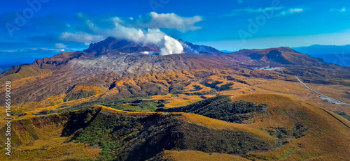 Mount Aso, or Aso Volcano, the largest active volcano in Japan stands in Aso Kuju National Park in Kumamoto Prefecture, Kyushu, Japan