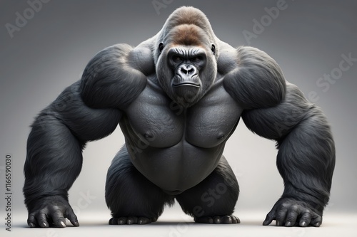 Powerful gorilla in a studio shot, showcasing its muscular physique and intense gaze. photo