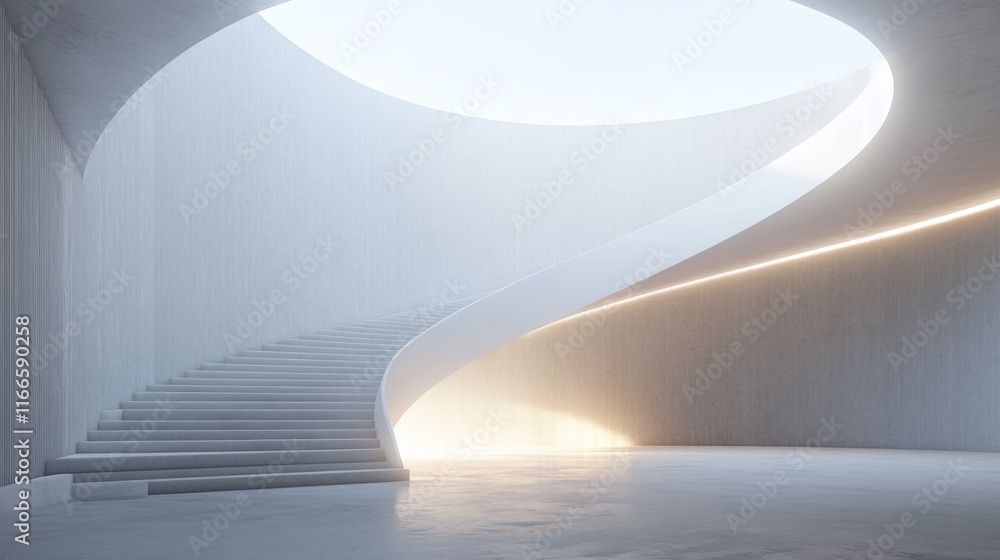 Modern minimalist curved staircase in bright white architectural space. Modern minimalist curved staircase in bright white architectural space.