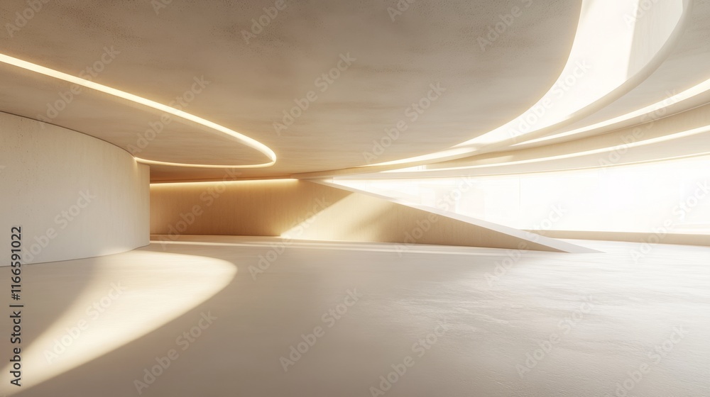 Modern minimalist architecture interior with sunlight and curved walls. Modern minimalist architecture interior with sunlight and curved walls.
