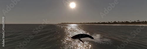 A serene beach scene with a whale breaching under a bright sun.