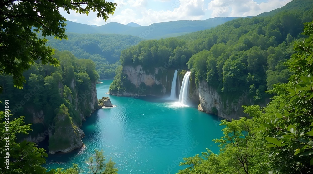 Fototapeta premium Serene Vista of a Majestic Waterfall Cascading into a Turquoise Lake Nestled within a Lush Green Mountain Valley, Viewed from an Overlooking Perspective on a Sunny Day