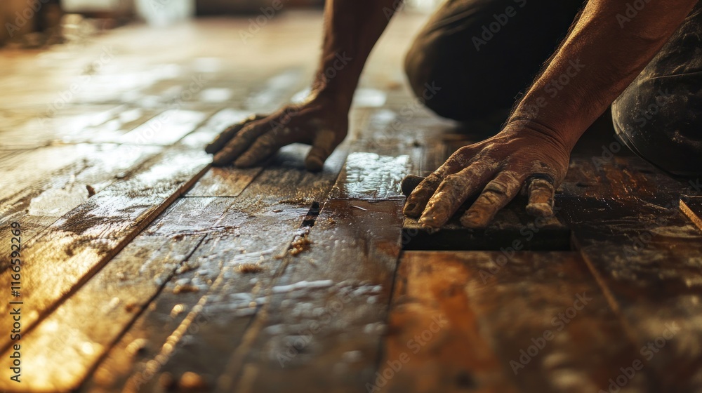 A pair of carpenter's hands touch the surface of the floor made of small wooden mosaic pieces. This floor has a unique pattern because the wood is arranged randomly A pair of carpenter's hands touch the surface of the floor made of small wooden mosaic pieces. This floor has a unique pattern because the wood is arranged randomly