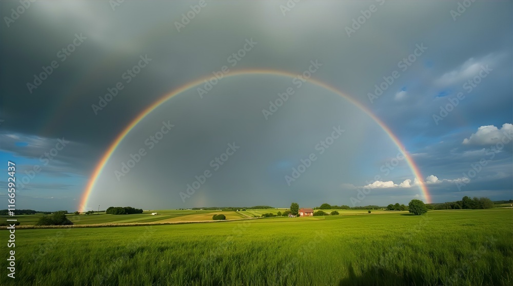 Full Rainbow Arcing Over Lush Green Fields and a Small Red House Under a Dramatic Sky Full Rainbow Arcing Over Lush Green Fields and a Small Red House Under a Dramatic Sky