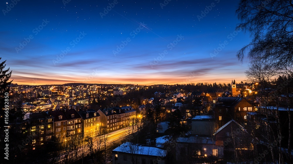 Fototapeta premium Twilight cityscape panorama: A mesmerizing view of a city bathed in the warm glow of twilight, with stars beginning to appear in the darkening sky.