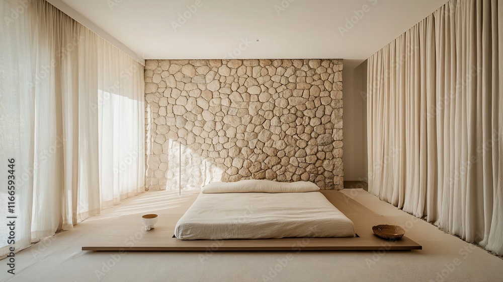 Fototapeta premium Serene Minimalist Bedroom with Stone Wall and Natural Light