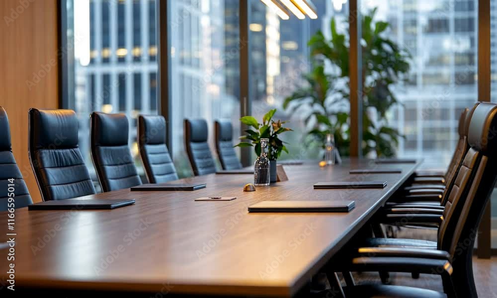 A modern conference room with a large table and comfortable chairs.