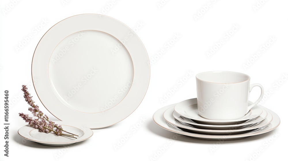 Elegant White Porcelain Dinnerware Set with Gold Rim Teacup and Saucer Plate and Side Plate Elegant White Porcelain Dinnerware Set with Gold Rim Teacup and Saucer Plate and Side Plate